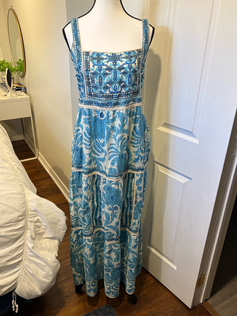 Joie Blue Mosaic Print Open Back Maxi Dress Size 10 Boho Resort Cotton